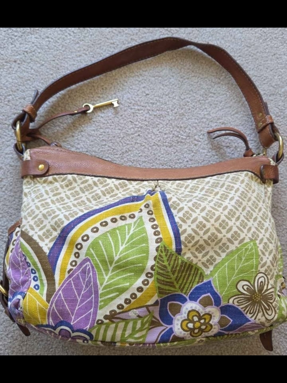 Fossil Leather Trim Shoulder Bag with Green, Purple & Yellow Floral Print